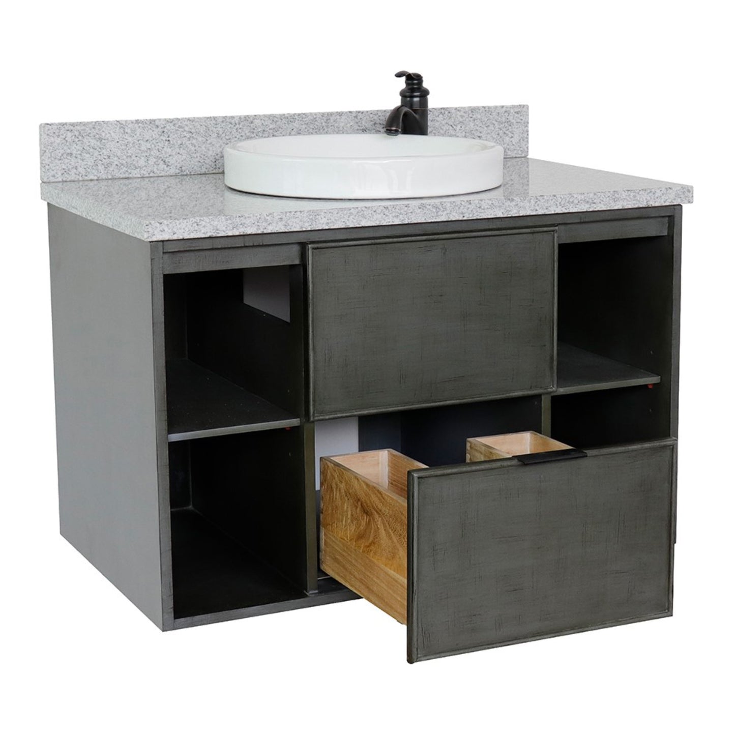 37" Single wall mount vanity in Linen Gray finish with Gray granite top and round sink