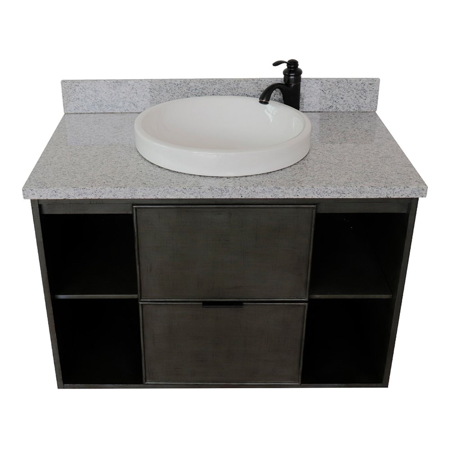 37" Single wall mount vanity in Linen Gray finish with Gray granite top and round sink