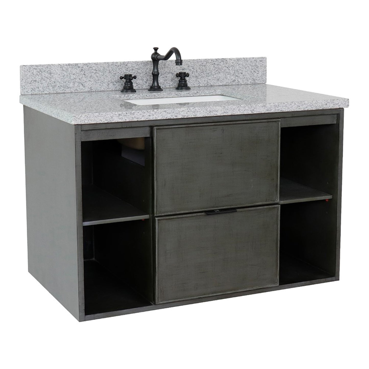 37" Single wall mount vanity in Linen Gray finish with Gray granite top and rectangle sink