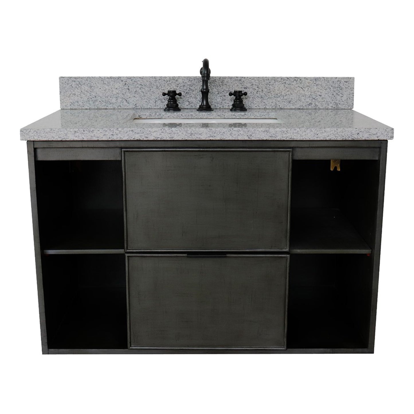 37" Single wall mount vanity in Linen Gray finish with Gray granite top and rectangle sink