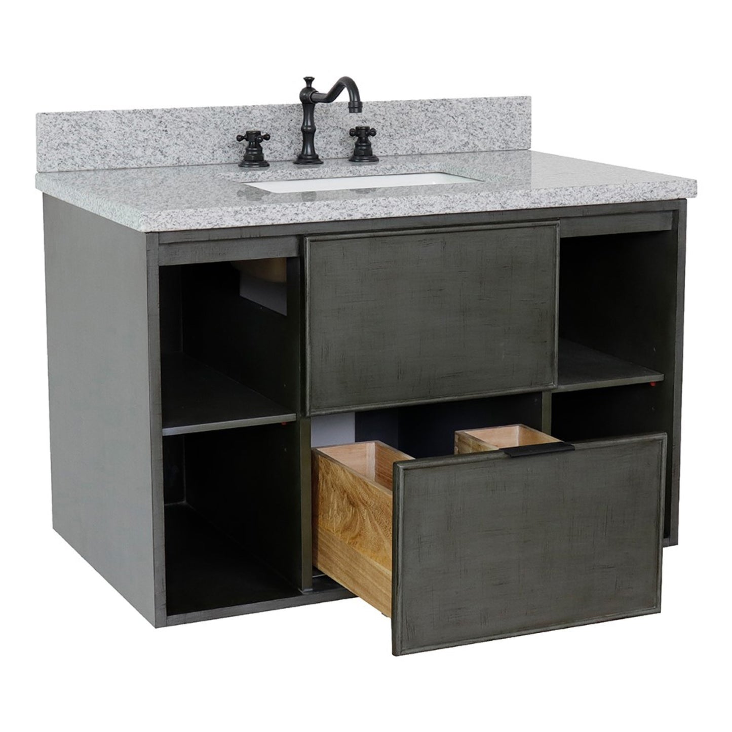 37" Single wall mount vanity in Linen Gray finish with Gray granite top and rectangle sink