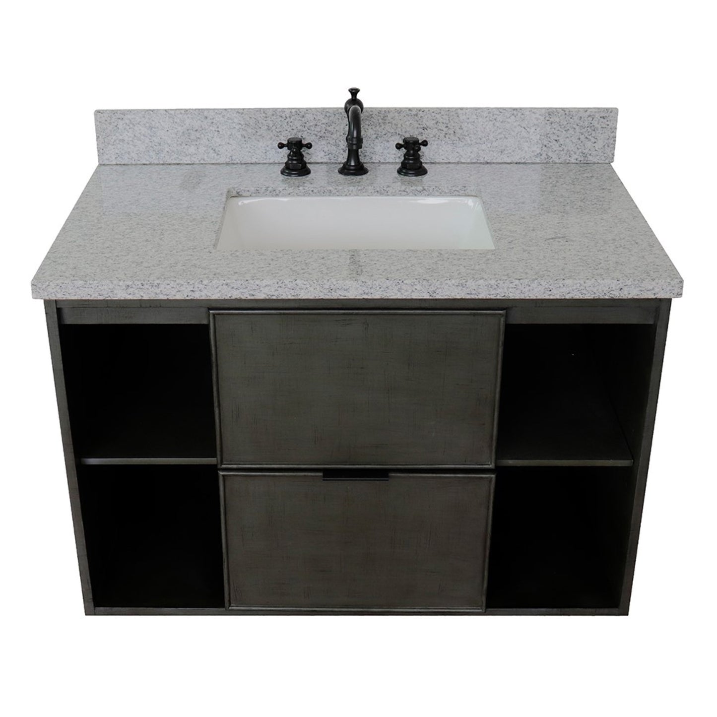37" Single wall mount vanity in Linen Gray finish with Gray granite top and rectangle sink