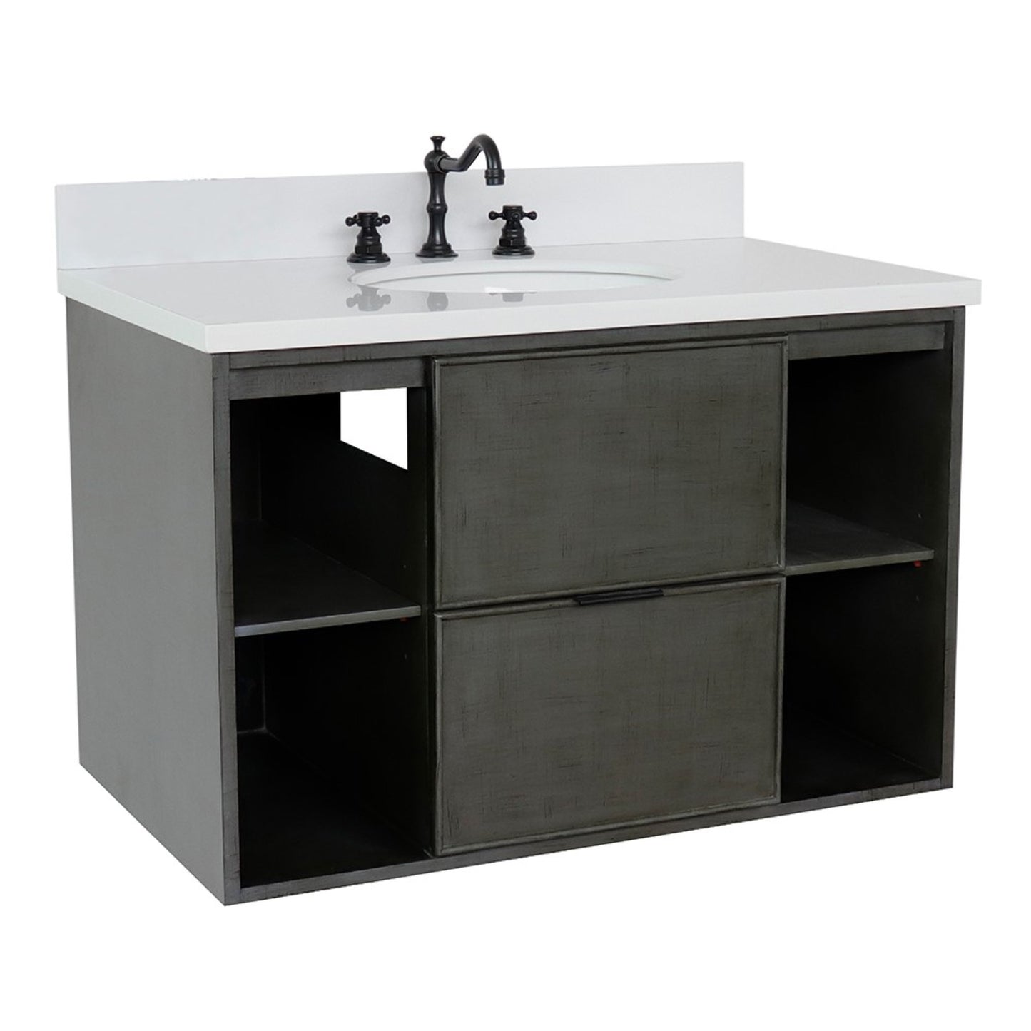 37" Single wall mount vanity in Linen Gray finish with White engineered stone top and oval sink