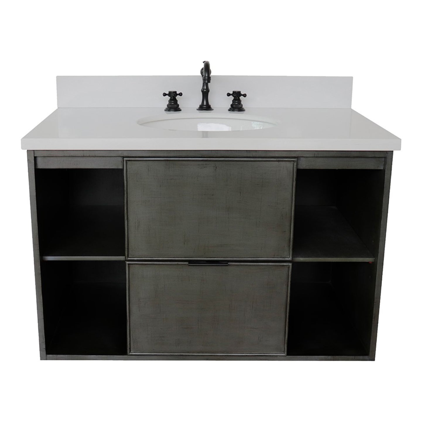37" Single wall mount vanity in Linen Gray finish with White engineered stone top and oval sink
