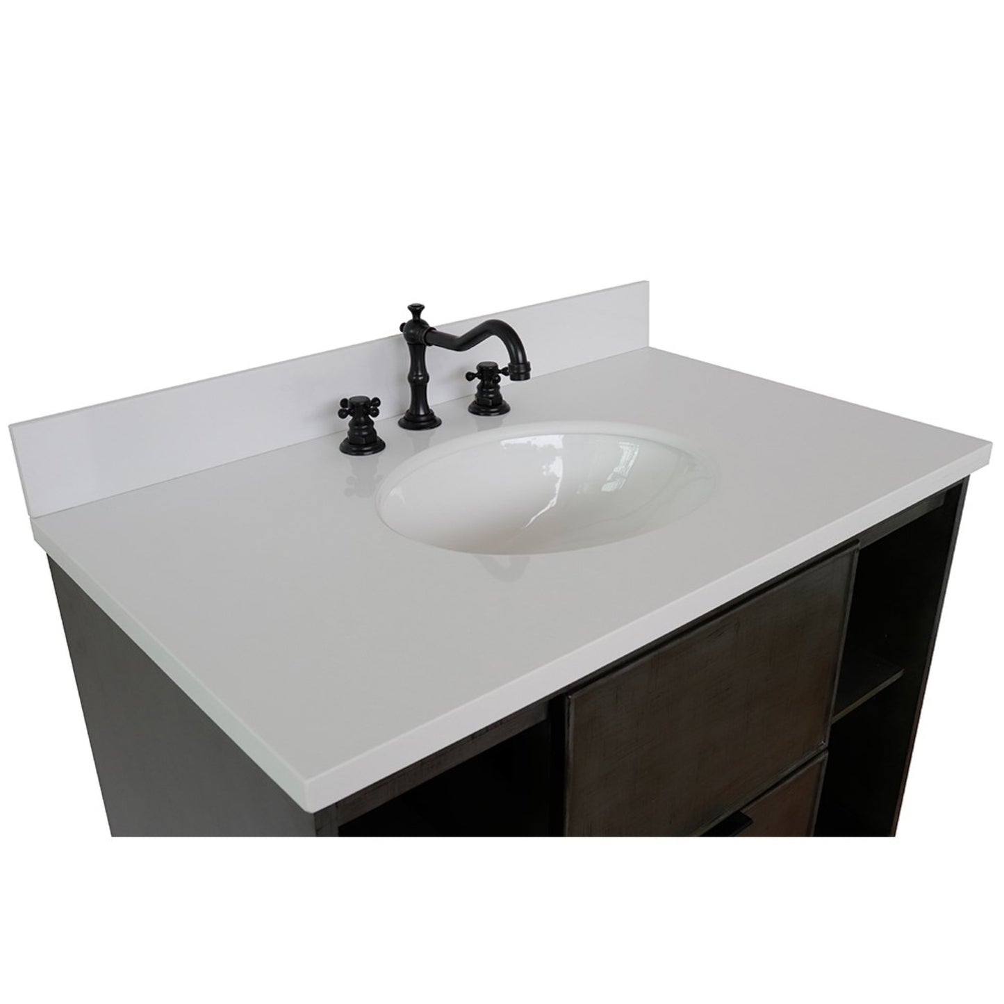 37" Single wall mount vanity in Linen Gray finish with White engineered stone top and oval sink