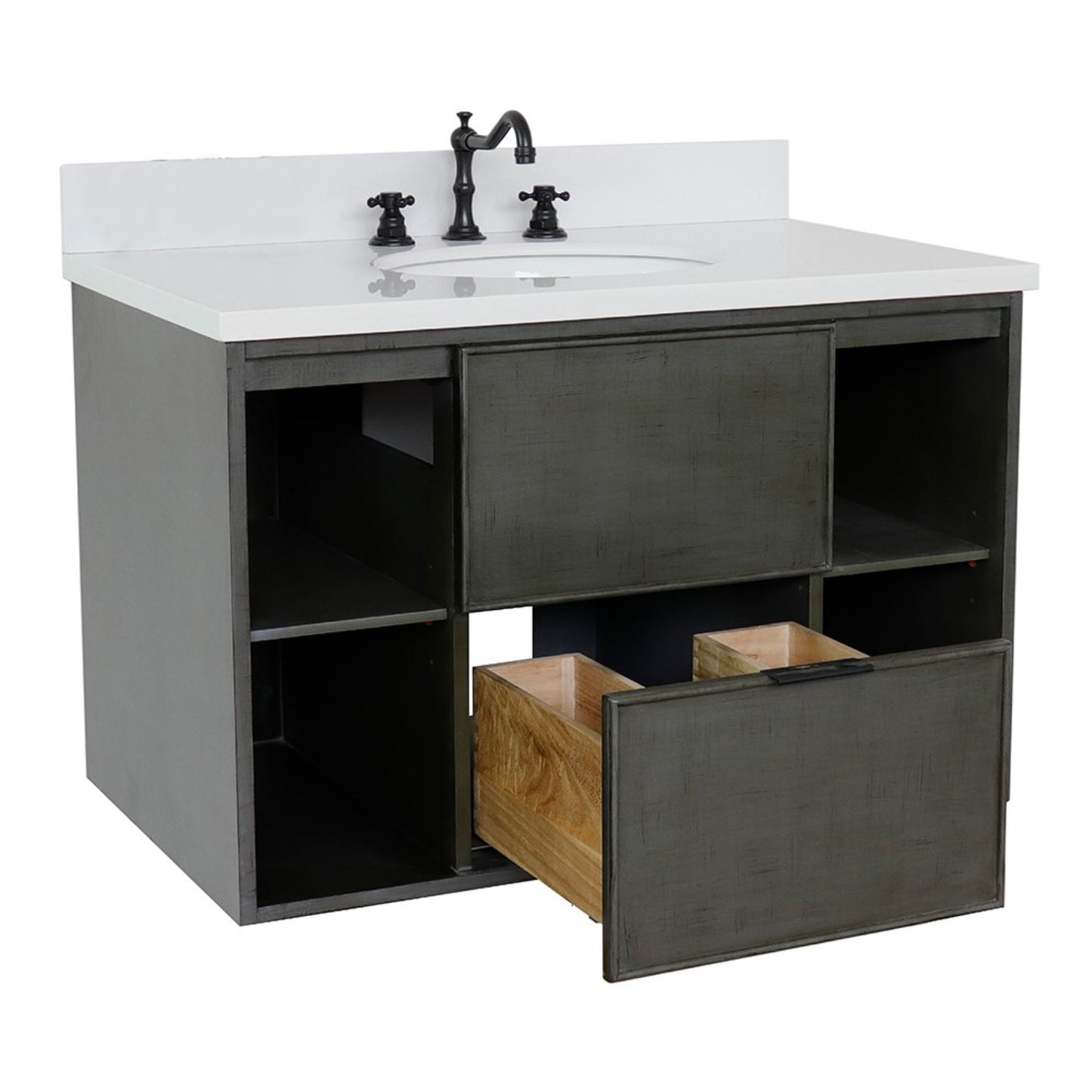 37" Single wall mount vanity in Linen Gray finish with White engineered stone top and oval sink