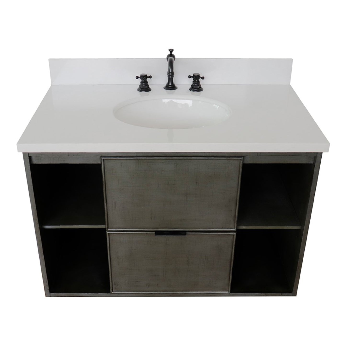 37" Single wall mount vanity in Linen Gray finish with White engineered stone top and oval sink