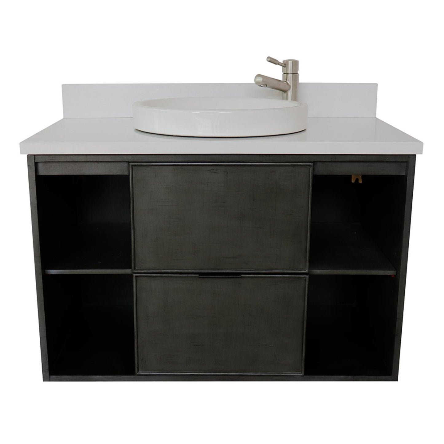 37" Single wall mount vanity in Linen Gray finish with White engineered stone top and round sink