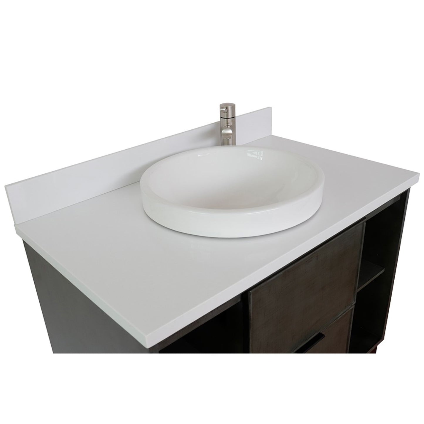 37" Single wall mount vanity in Linen Gray finish with White engineered stone top and round sink