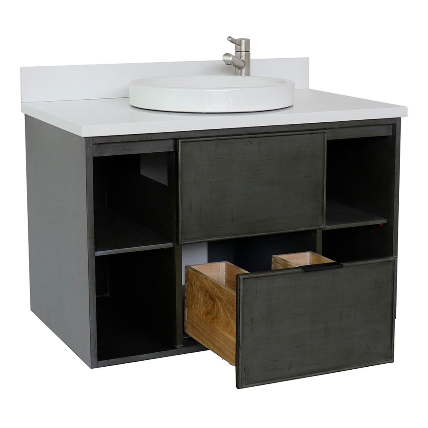 37" Single wall mount vanity in Linen Gray finish with White engineered stone top and round sink
