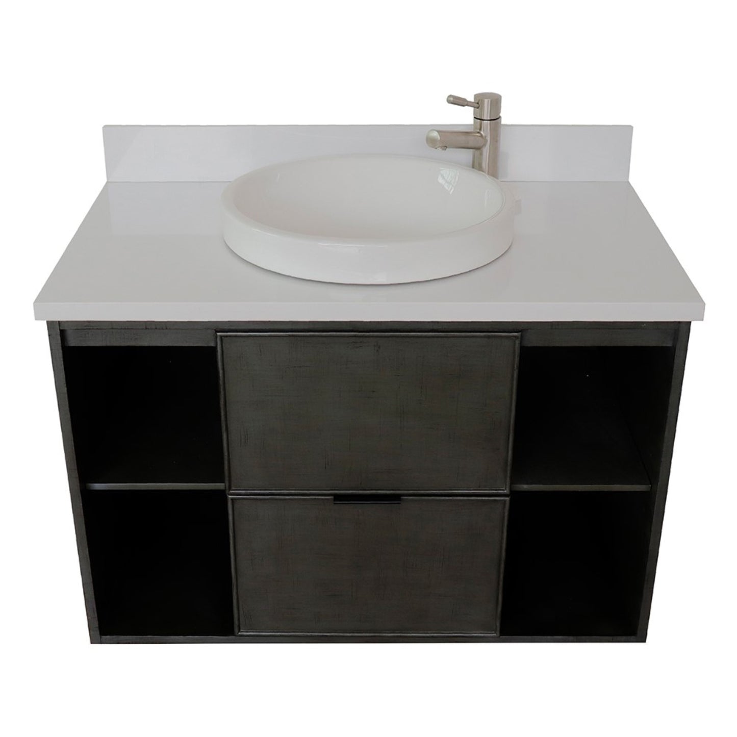 37" Single wall mount vanity in Linen Gray finish with White engineered stone top and round sink