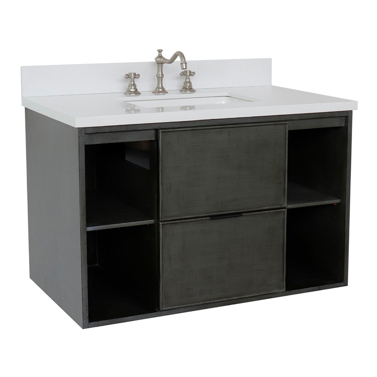 37" Single wall mount vanity in Linen Gray finish with White engineered stone top and rectangle sink
