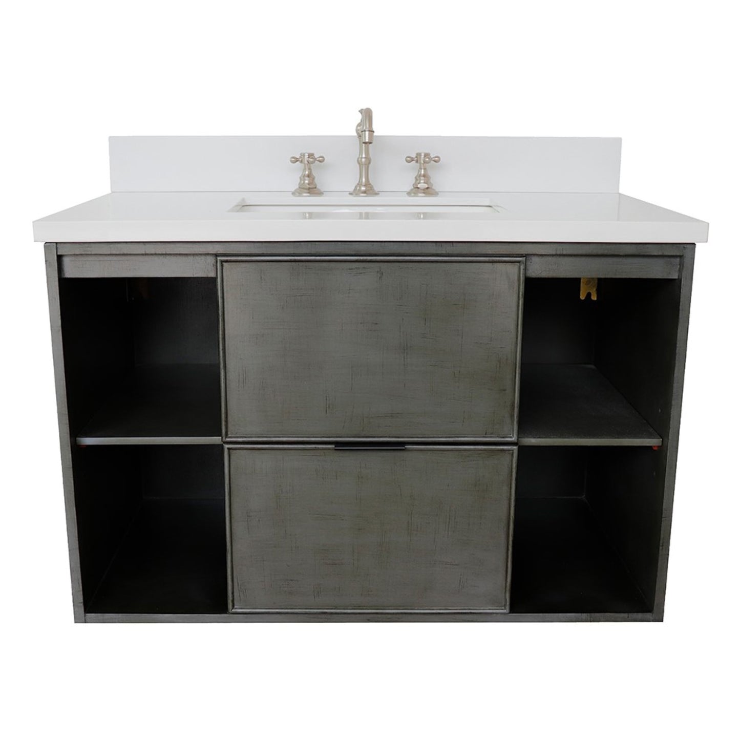 37" Single wall mount vanity in Linen Gray finish with White engineered stone top and rectangle sink