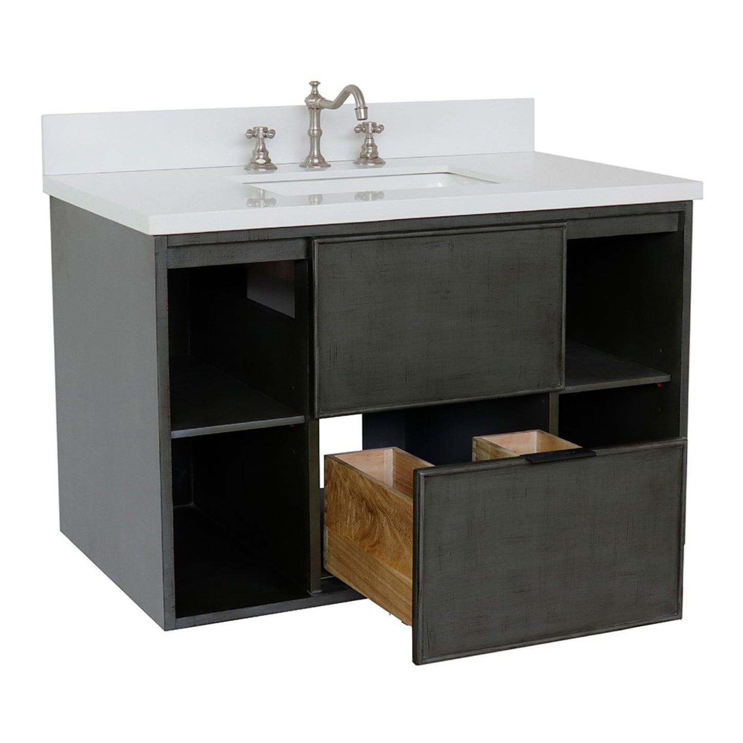 37" Single wall mount vanity in Linen Gray finish with White engineered stone top and rectangle sink