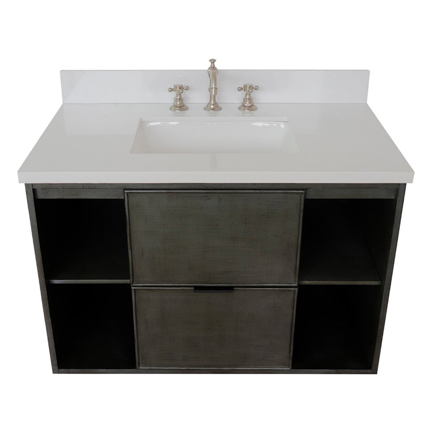 37" Single wall mount vanity in Linen Gray finish with White engineered stone top and rectangle sink