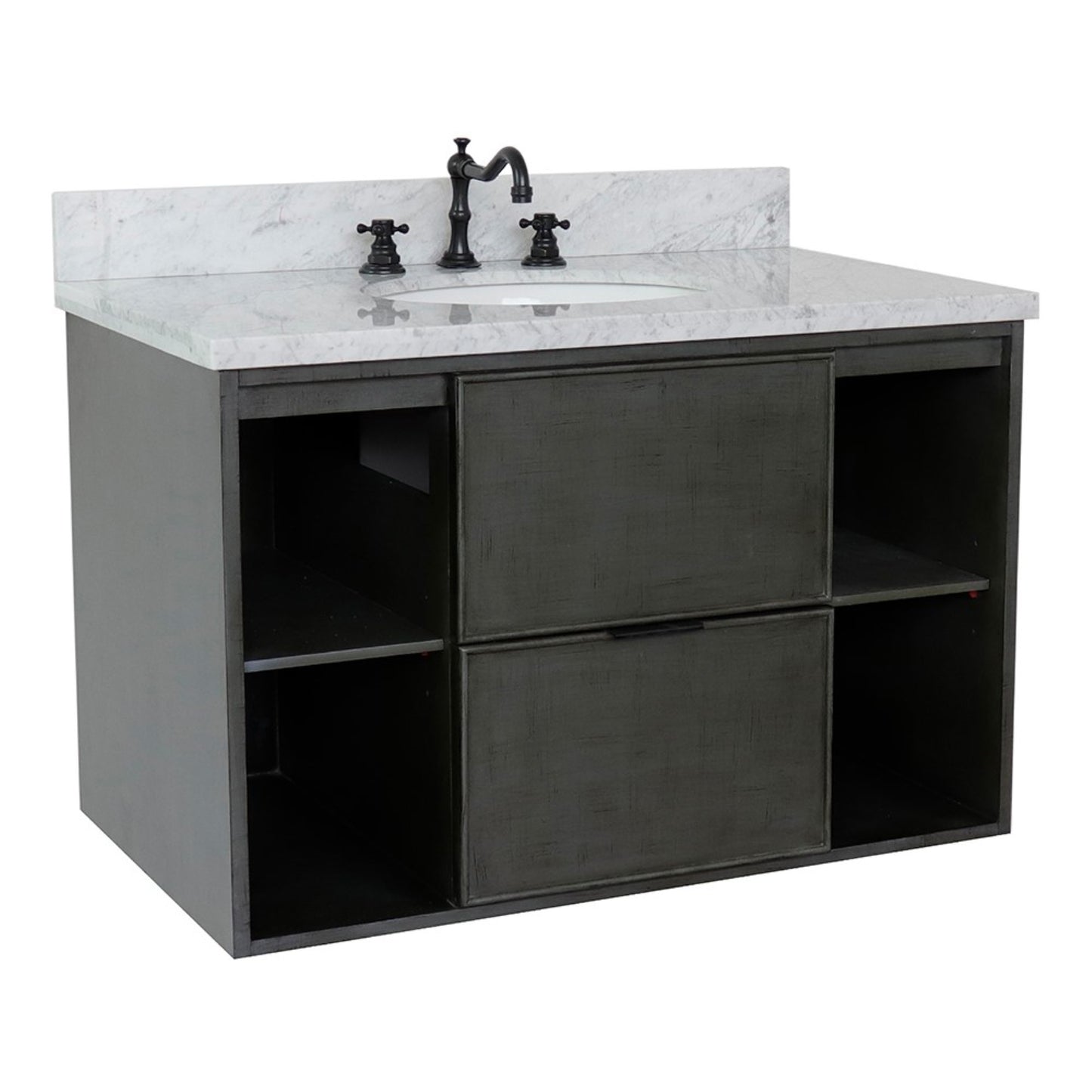 37" Single wall mount vanity in Linen Gray finish with White Carrara top and oval sink