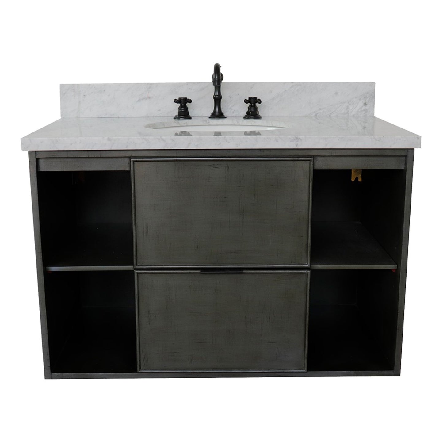 37" Single wall mount vanity in Linen Gray finish with White Carrara top and oval sink