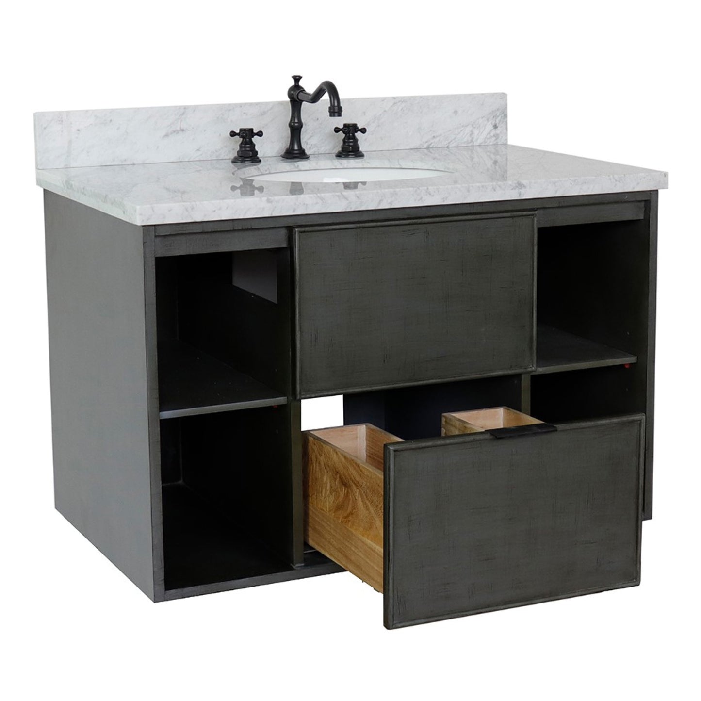 37" Single wall mount vanity in Linen Gray finish with White Carrara top and oval sink