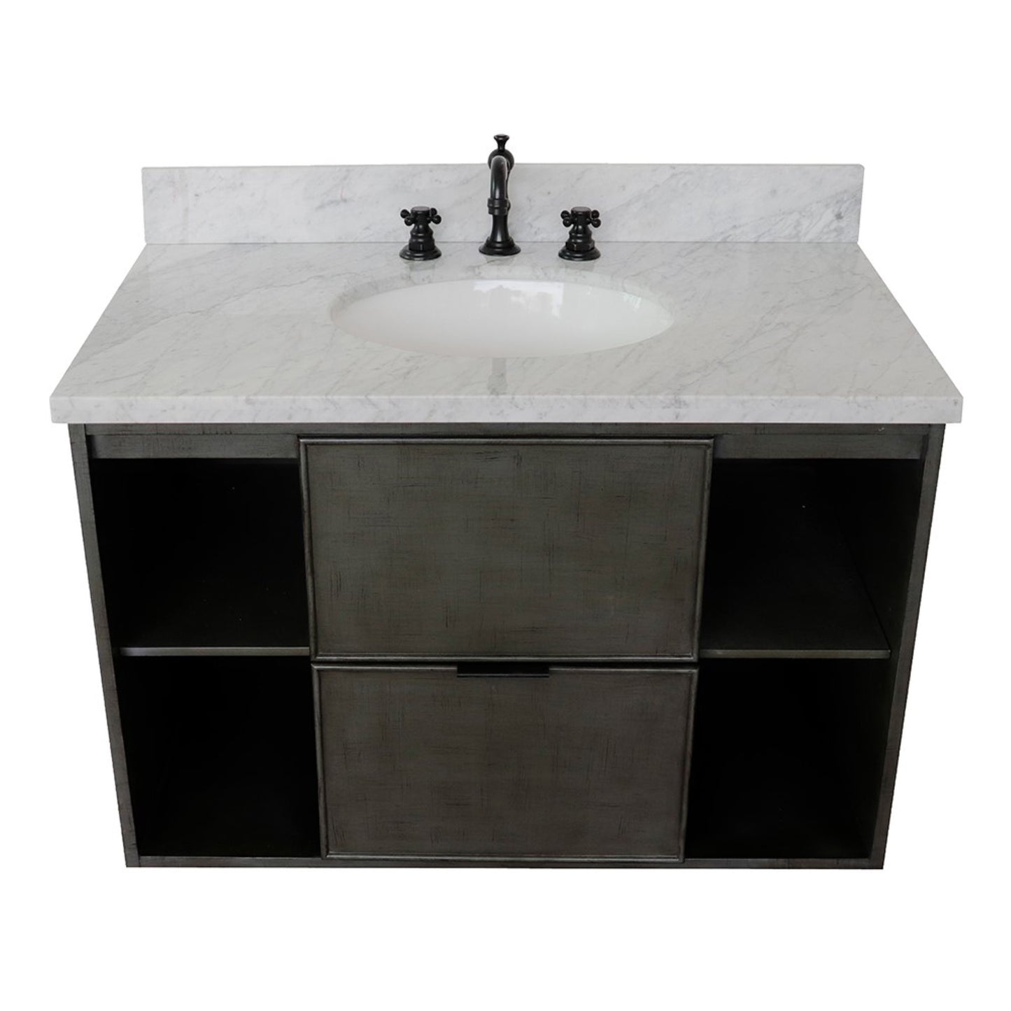 37" Single wall mount vanity in Linen Gray finish with White Carrara top and oval sink
