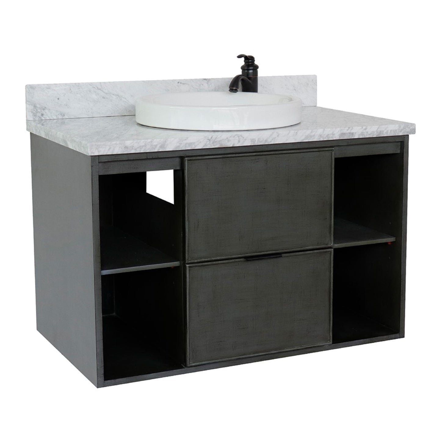 37" Single wall mount vanity in Linen Gray finish with White Carrara top and round sink