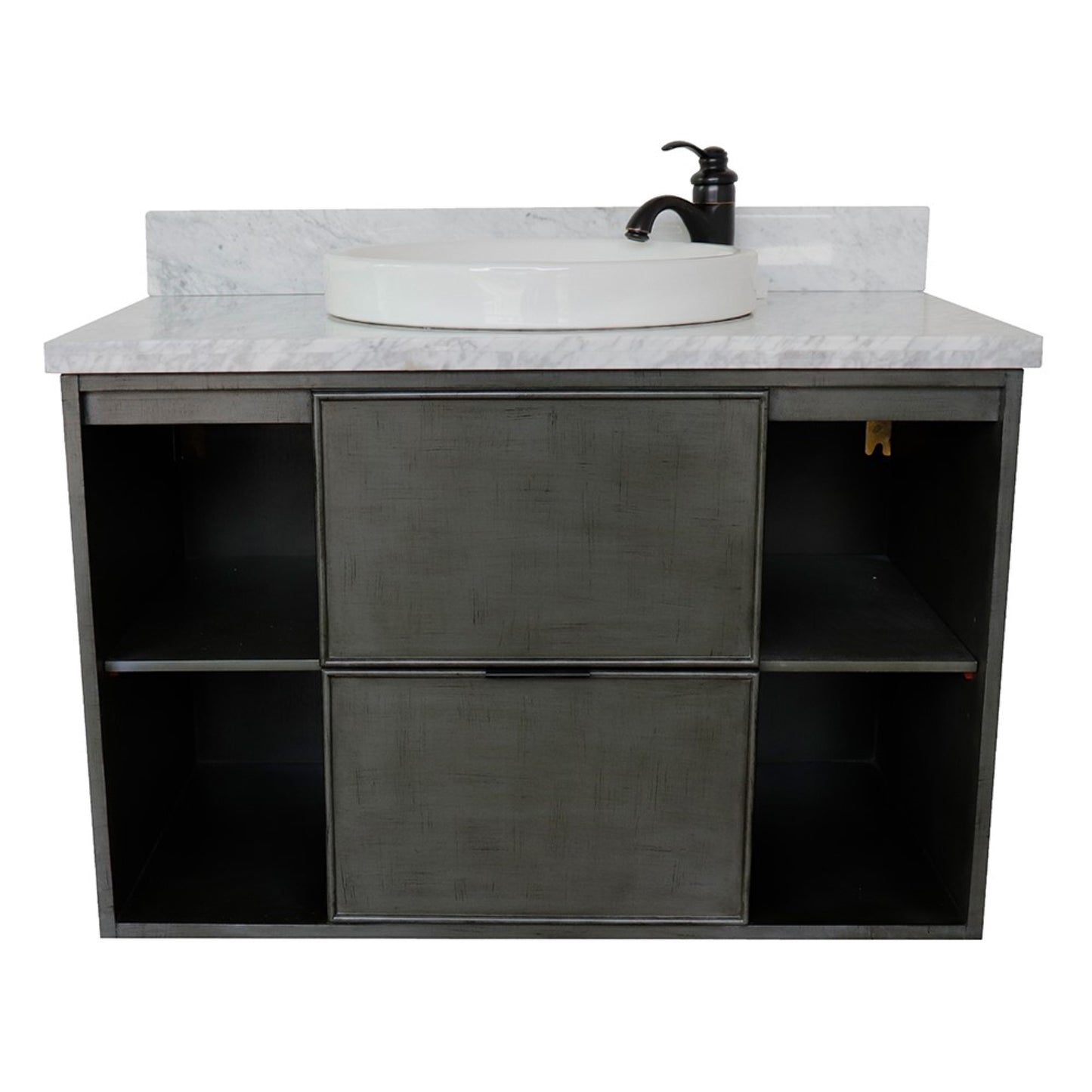 37" Single wall mount vanity in Linen Gray finish with White Carrara top and round sink