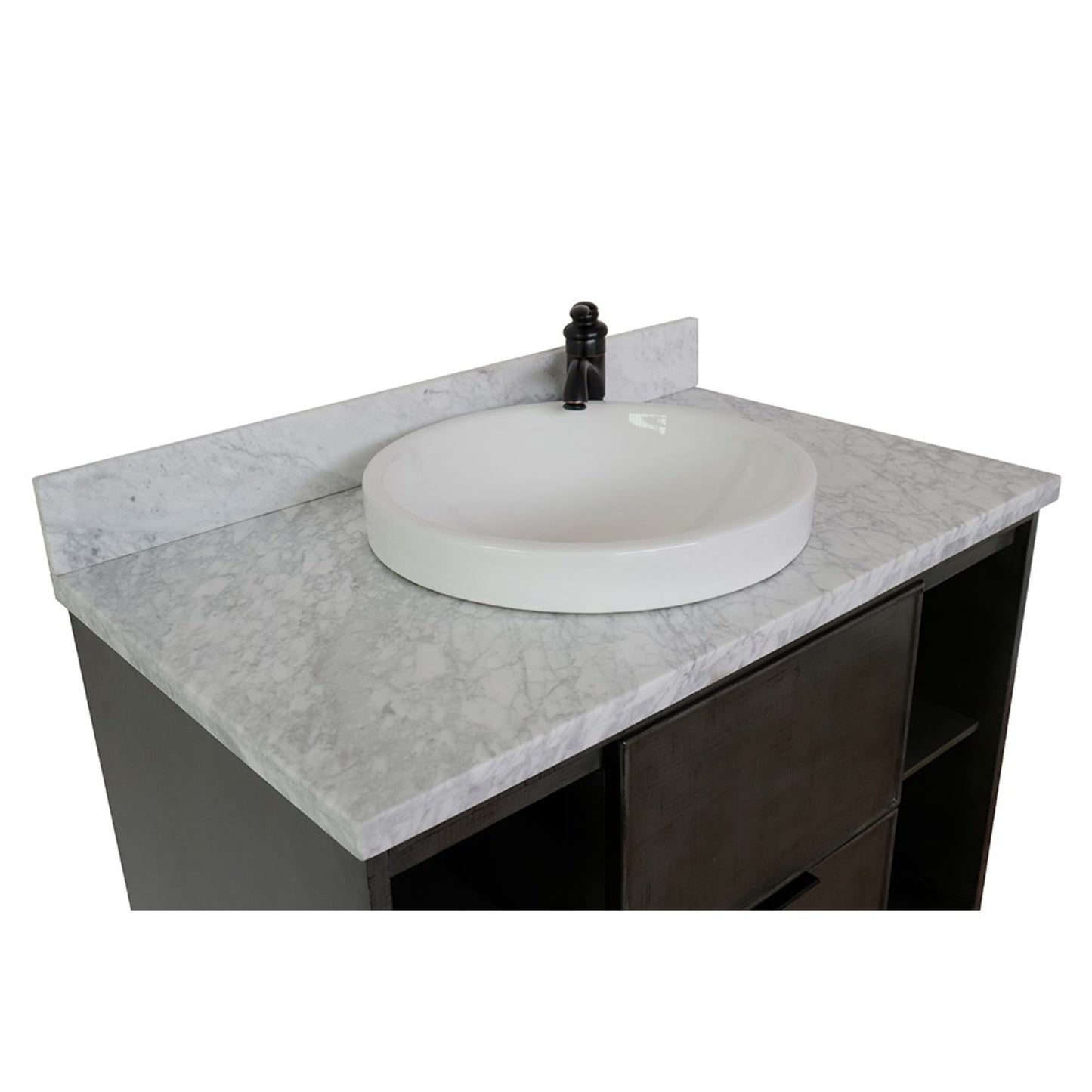 37" Single wall mount vanity in Linen Gray finish with White Carrara top and round sink