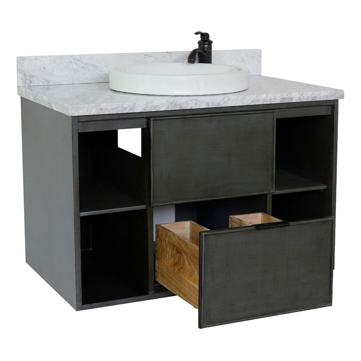 37" Single wall mount vanity in Linen Gray finish with White Carrara top and round sink