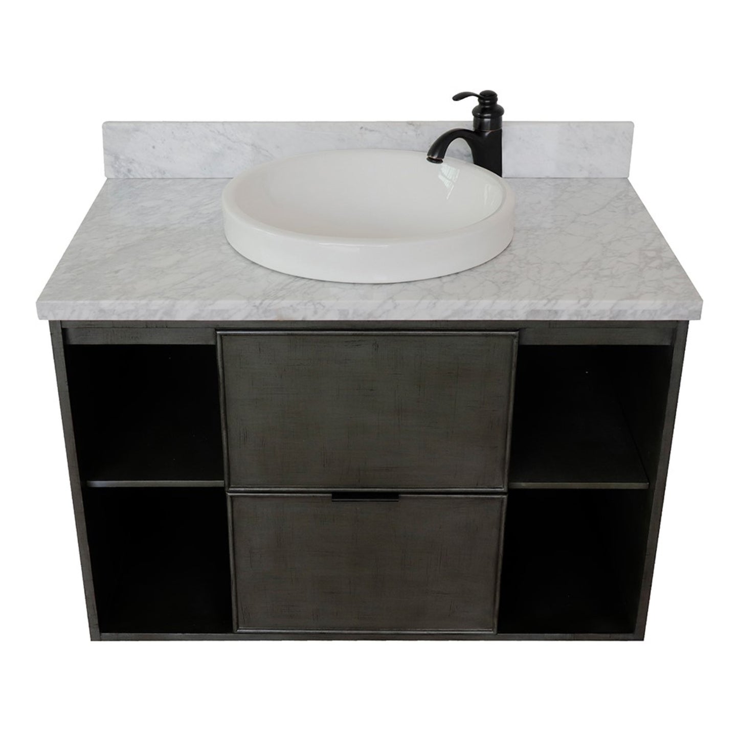 37" Single wall mount vanity in Linen Gray finish with White Carrara top and round sink