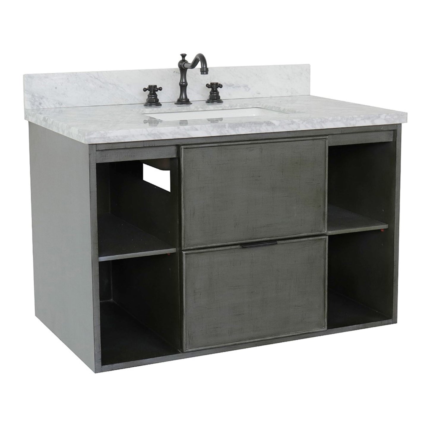 37" Single wall mount vanity in Linen Gray finish with White Carrara top and rectangle sink
