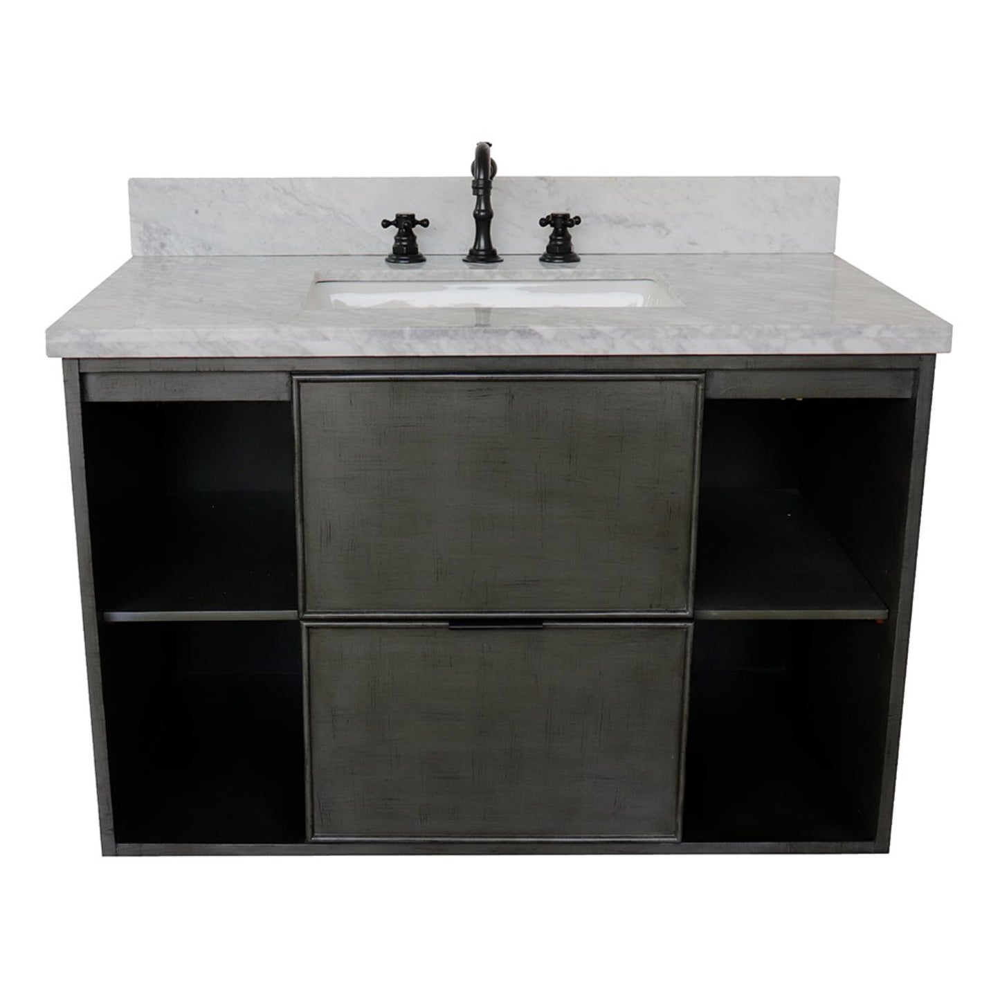 37" Single wall mount vanity in Linen Gray finish with White Carrara top and rectangle sink