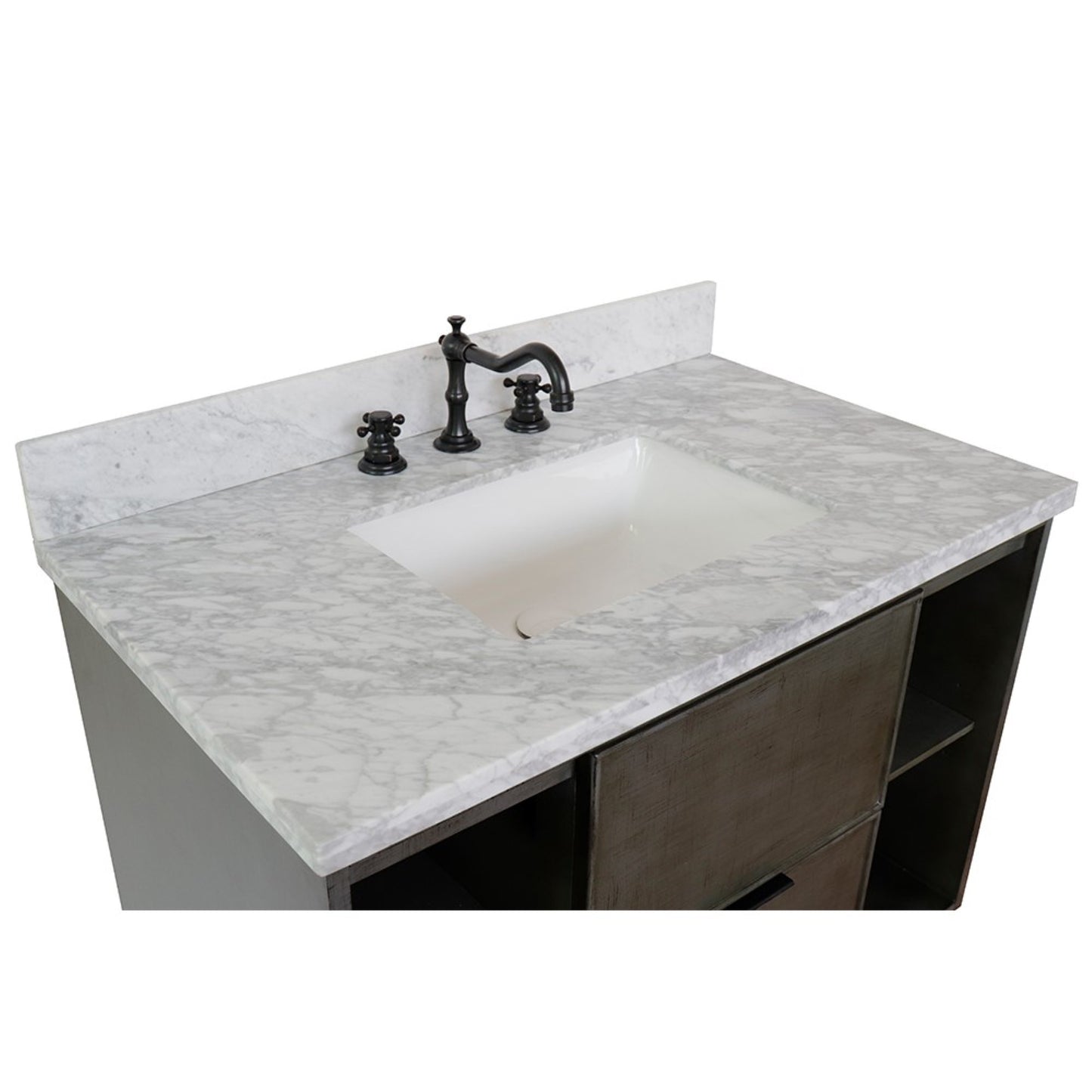 37" Single wall mount vanity in Linen Gray finish with White Carrara top and rectangle sink