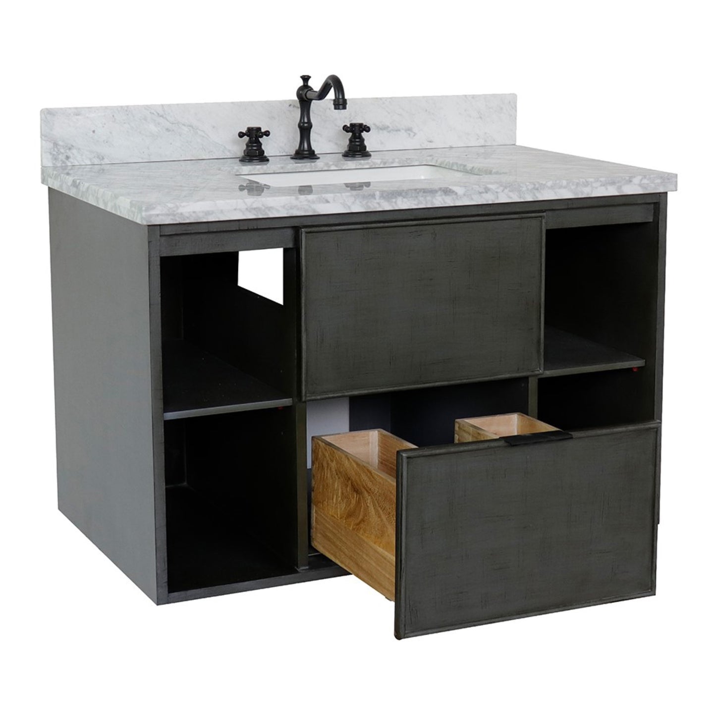 37" Single wall mount vanity in Linen Gray finish with White Carrara top and rectangle sink