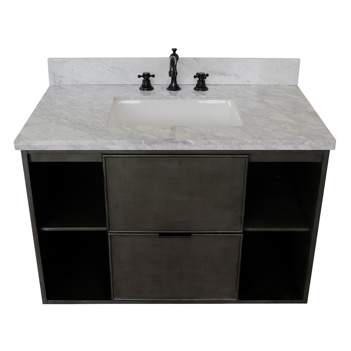 37" Single wall mount vanity in Linen Gray finish with White Carrara top and rectangle sink