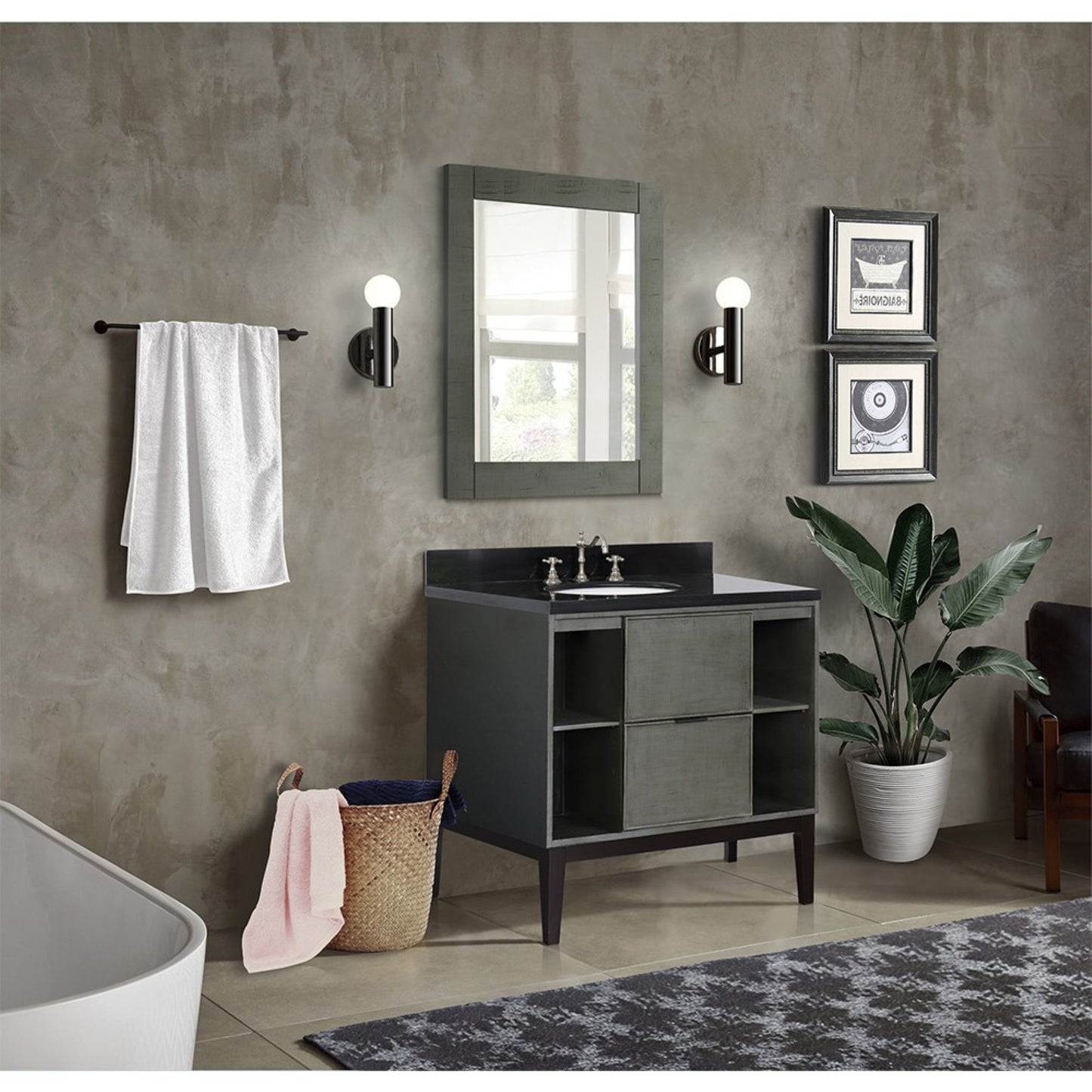 37" Single vanity in Linen Gray finish with Black Galaxy top and oval sink