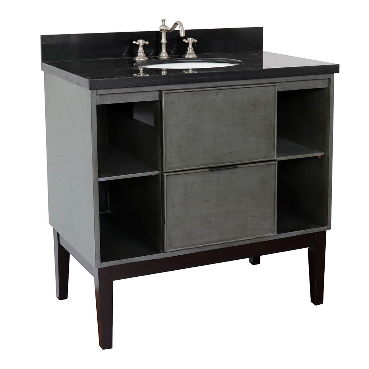 37" Single vanity in Linen Gray finish with Black Galaxy top and oval sink