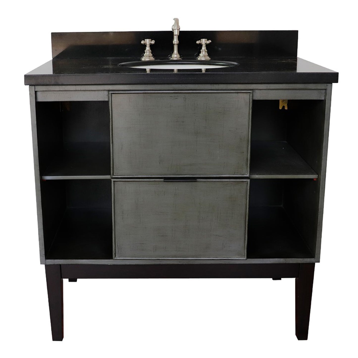 37" Single vanity in Linen Gray finish with Black Galaxy top and oval sink