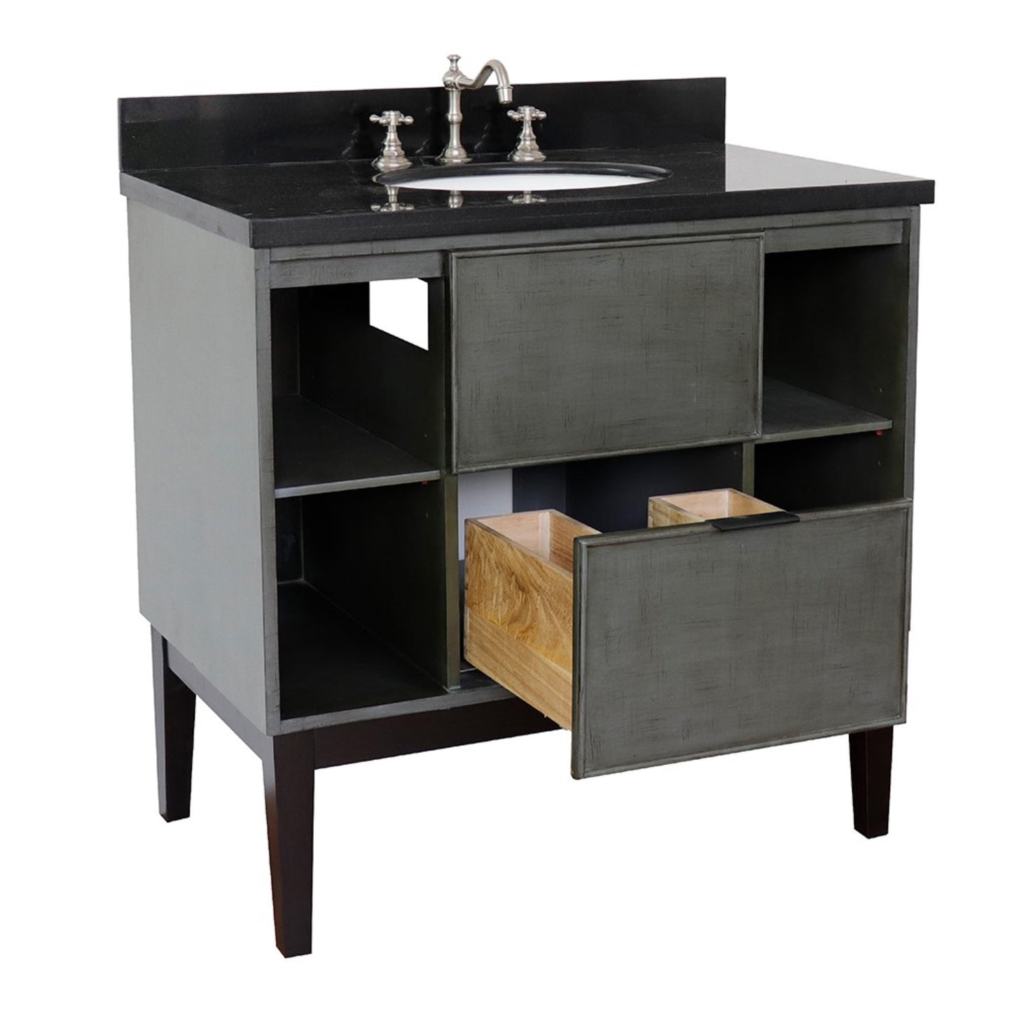 37" Single vanity in Linen Gray finish with Black Galaxy top and oval sink