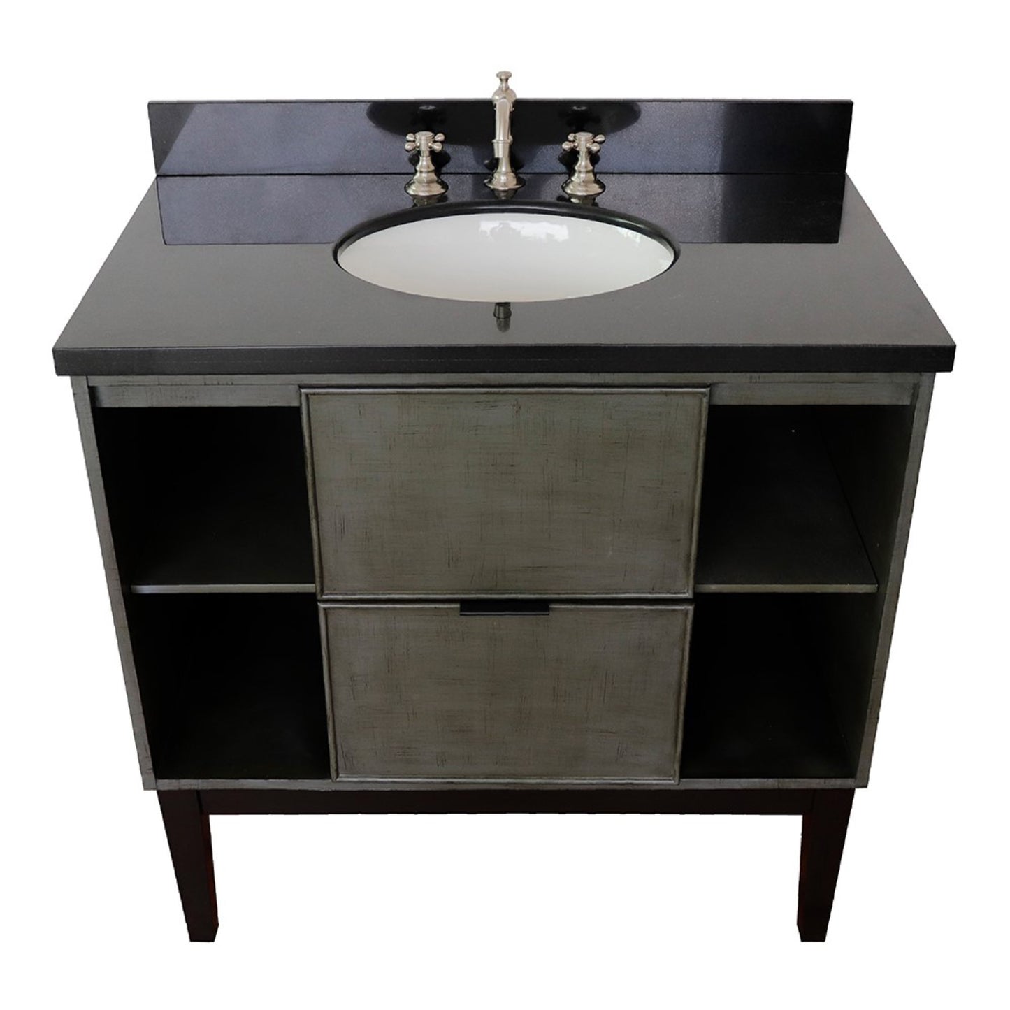 37" Single vanity in Linen Gray finish with Black Galaxy top and oval sink