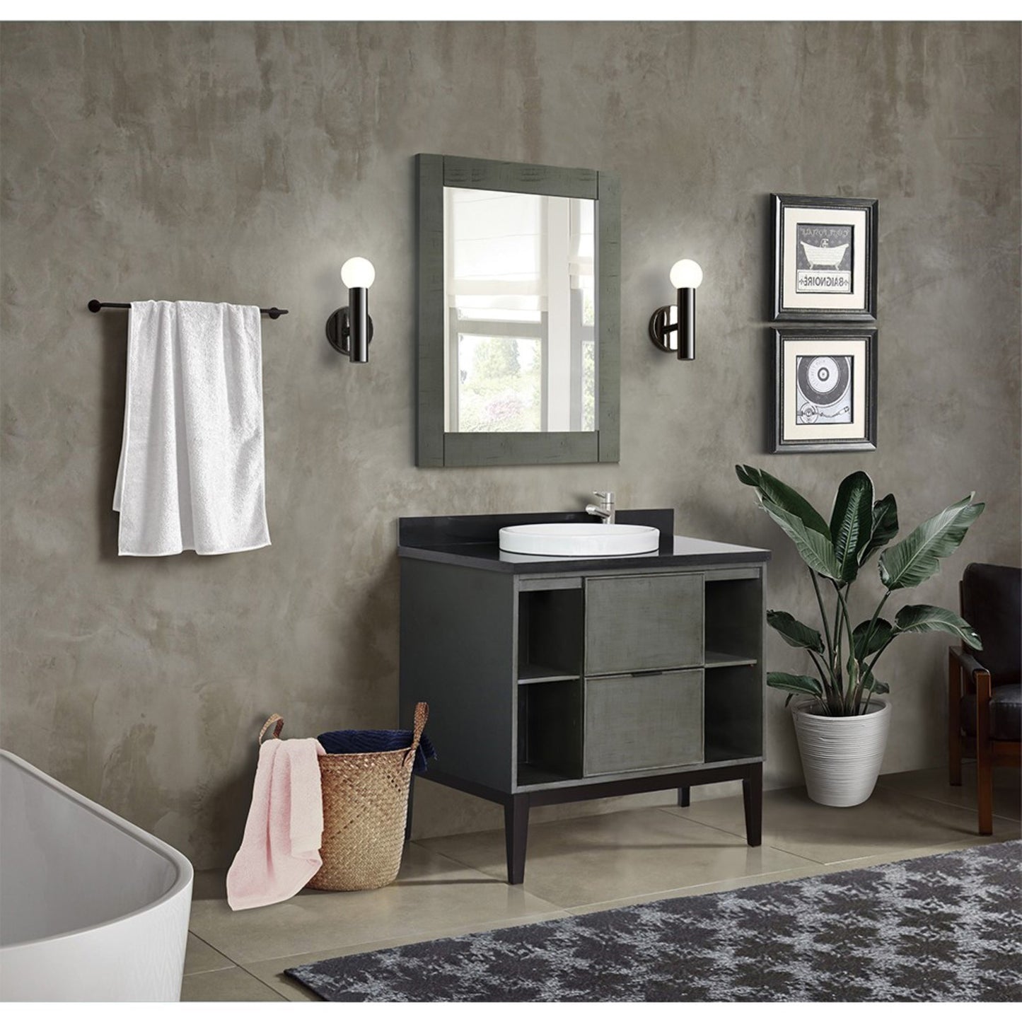 37" Single vanity in Linen Gray finish with Black Galaxy top and round sink