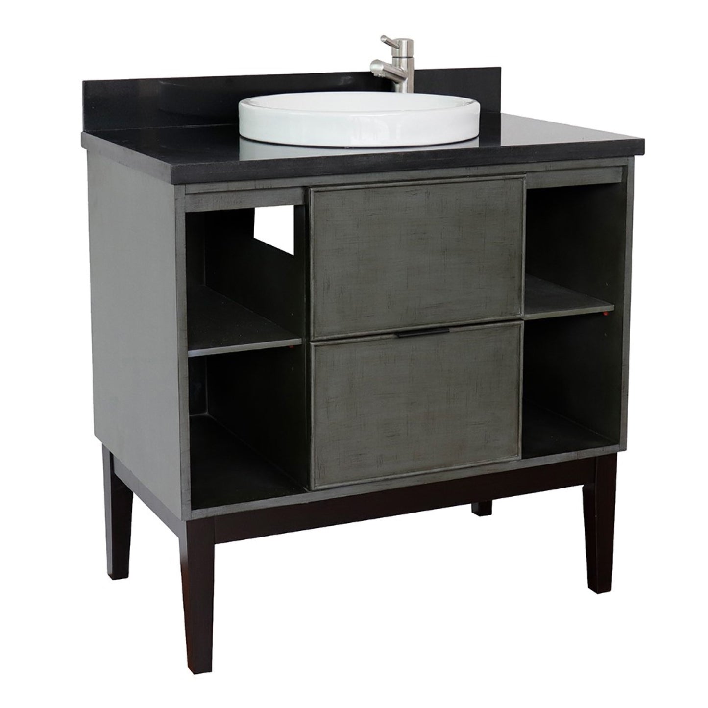 37" Single vanity in Linen Gray finish with Black Galaxy top and round sink
