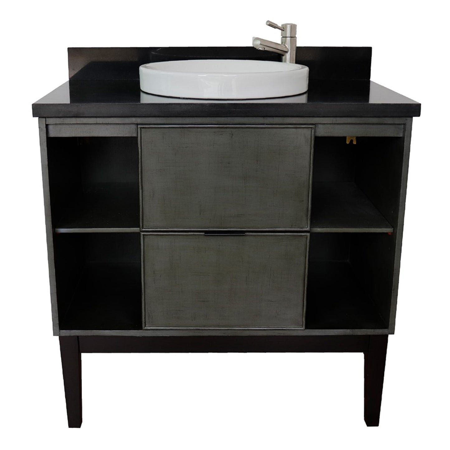 37" Single vanity in Linen Gray finish with Black Galaxy top and round sink