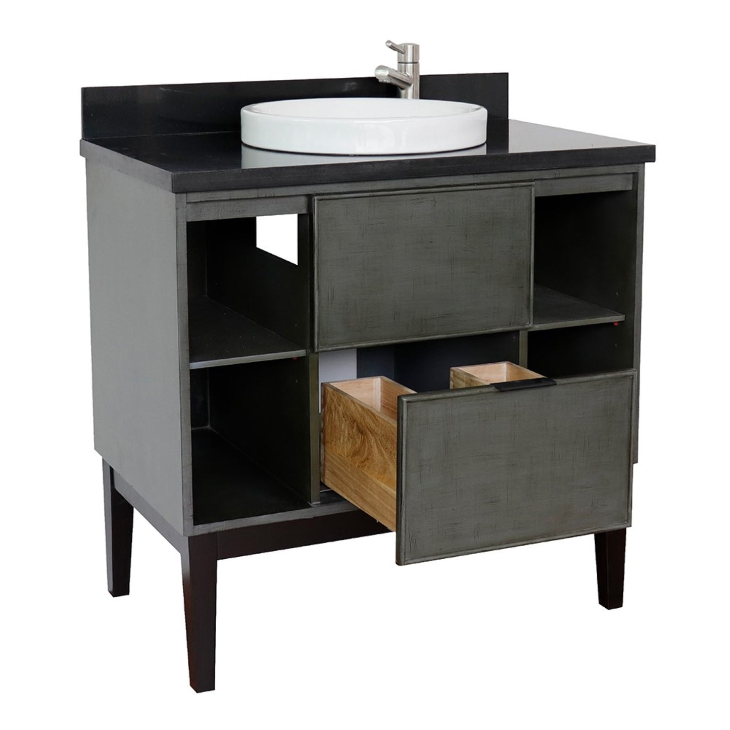 37" Single vanity in Linen Gray finish with Black Galaxy top and round sink