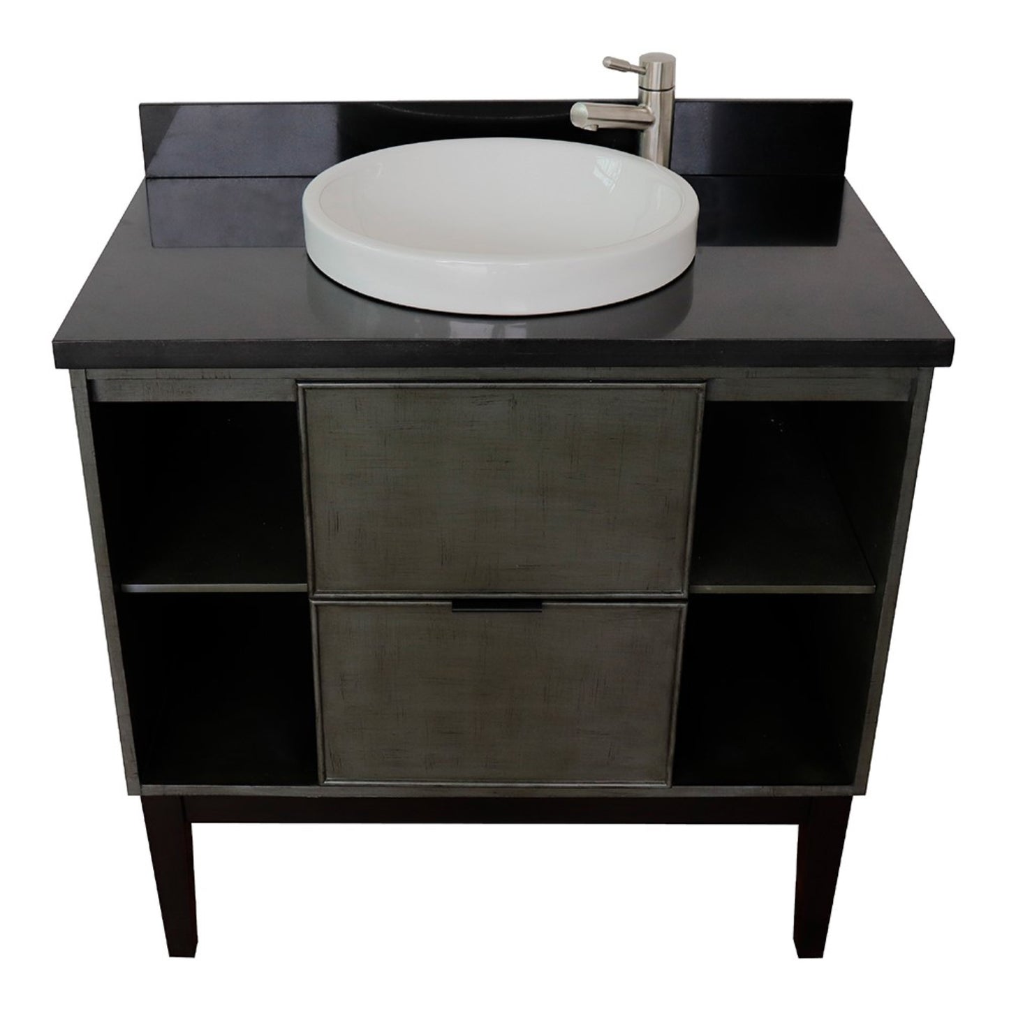 37" Single vanity in Linen Gray finish with Black Galaxy top and round sink