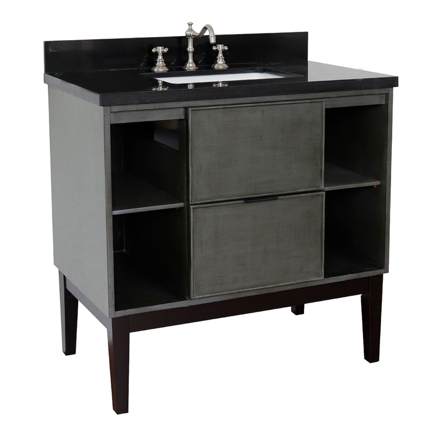 37" Single vanity in Linen Gray finish with Black Galaxy top and rectangle sink