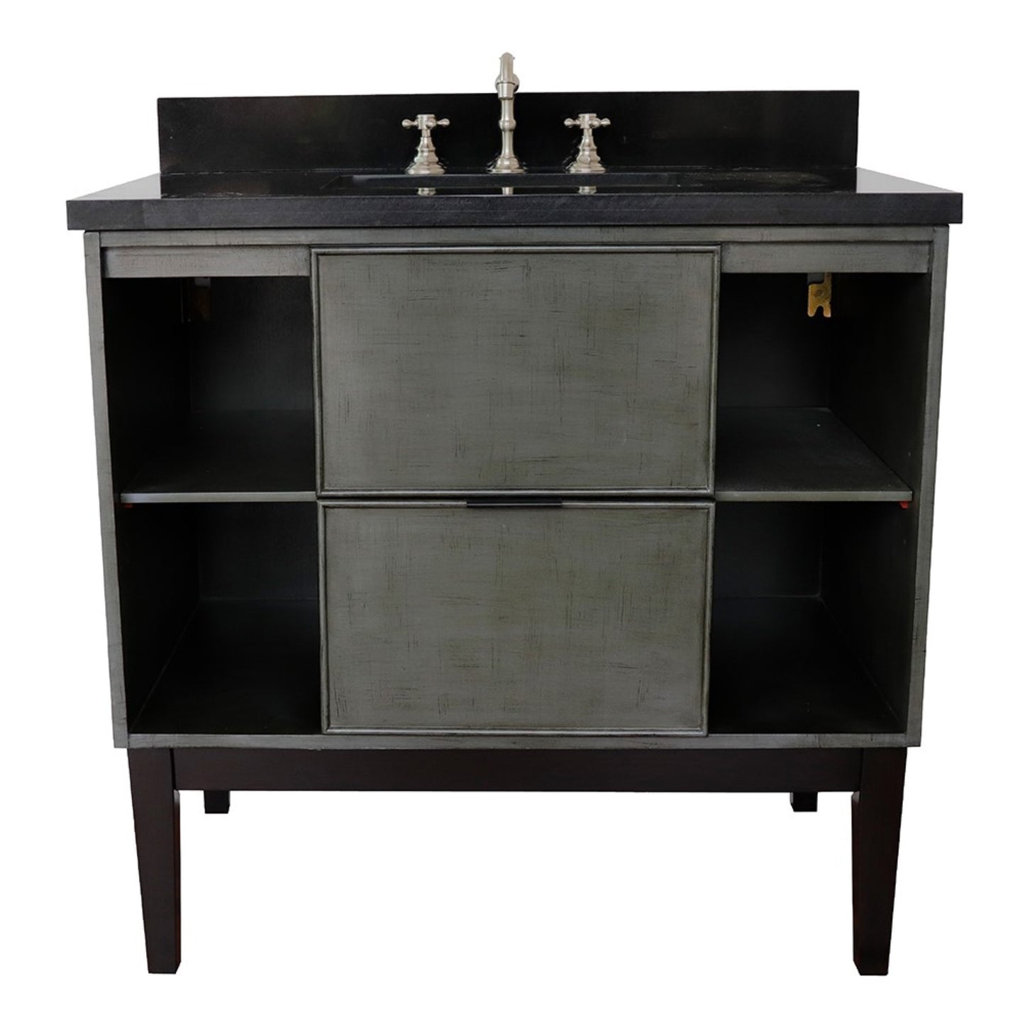 37" Single vanity in Linen Gray finish with Black Galaxy top and rectangle sink