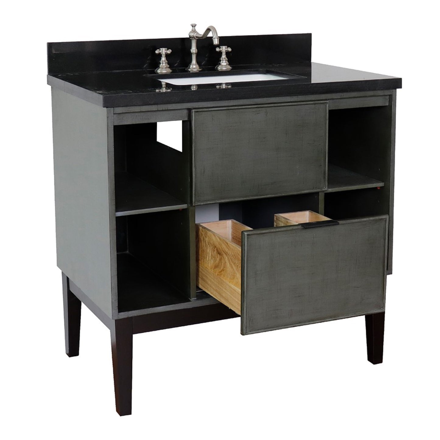 37" Single vanity in Linen Gray finish with Black Galaxy top and rectangle sink