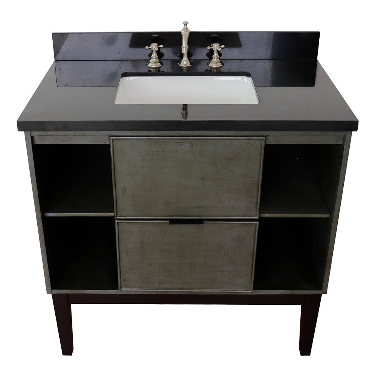 37" Single vanity in Linen Gray finish with Black Galaxy top and rectangle sink