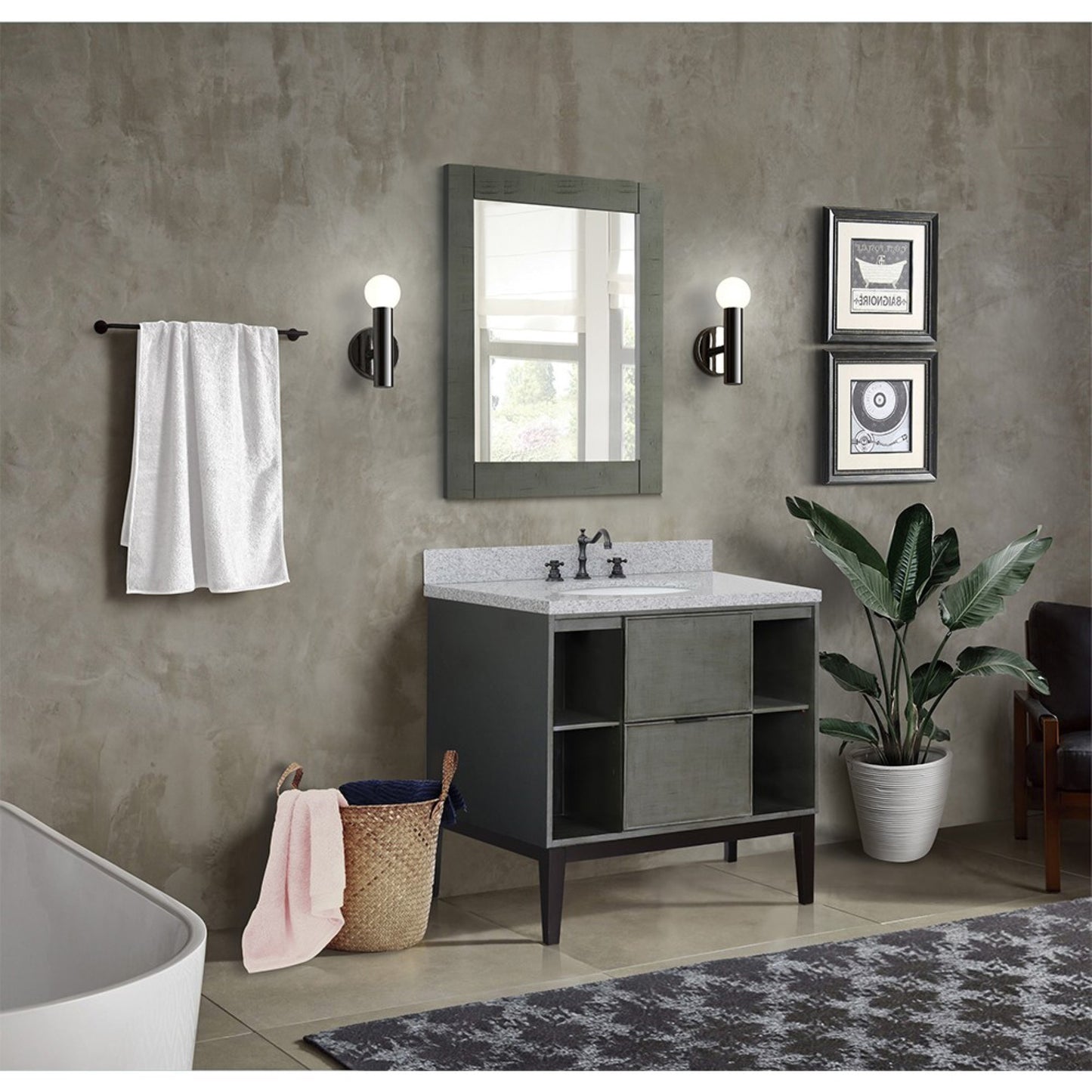 37" Single vanity in Linen Gray finish with Gray granite top and oval sink