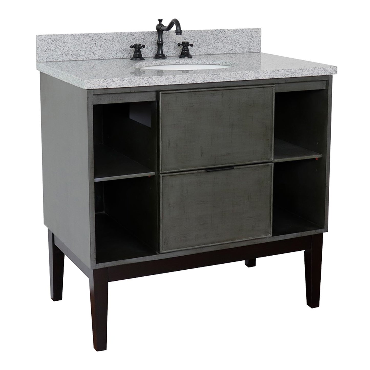 37" Single vanity in Linen Gray finish with Gray granite top and oval sink