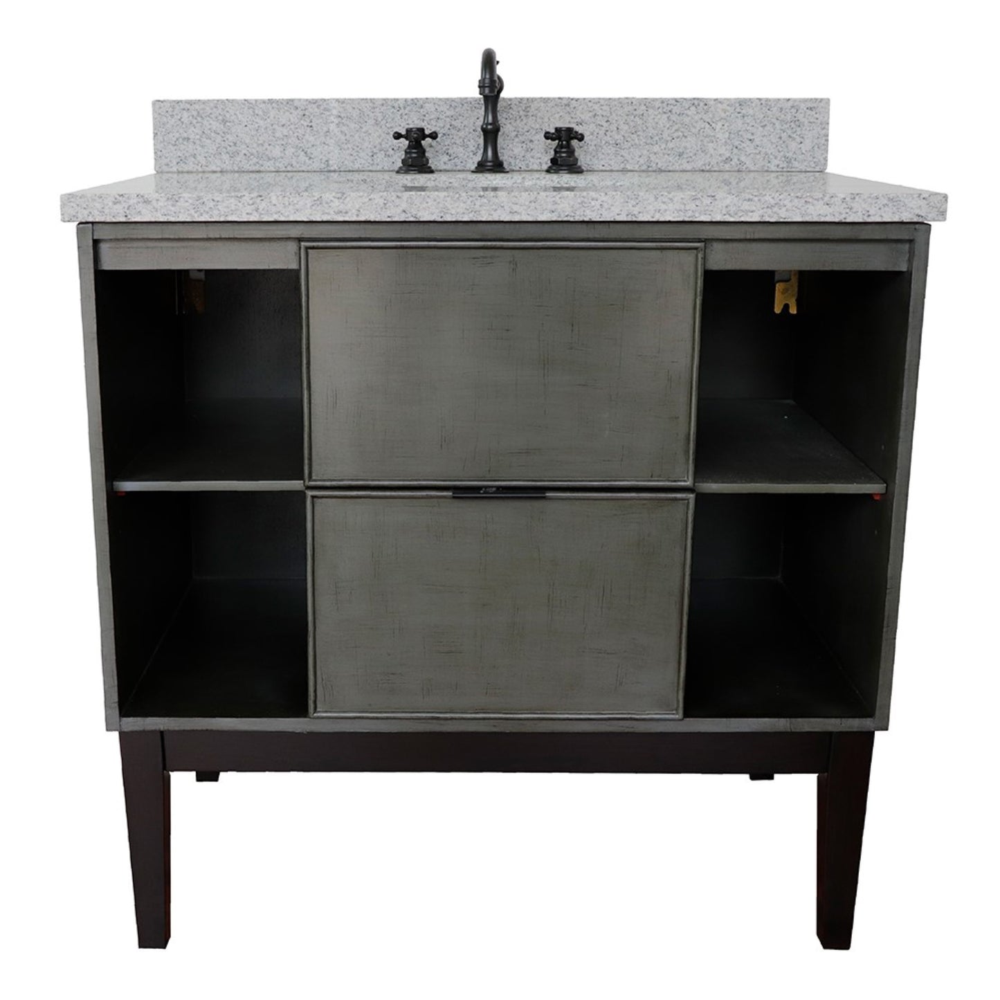 37" Single vanity in Linen Gray finish with Gray granite top and oval sink